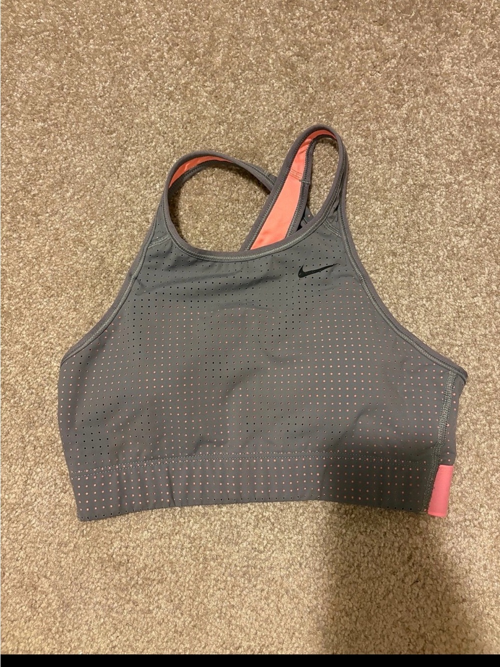 Women’s Nike Gray & Coral Perforated Dri-FIT Mesh Racerback Sports Bra | Size S